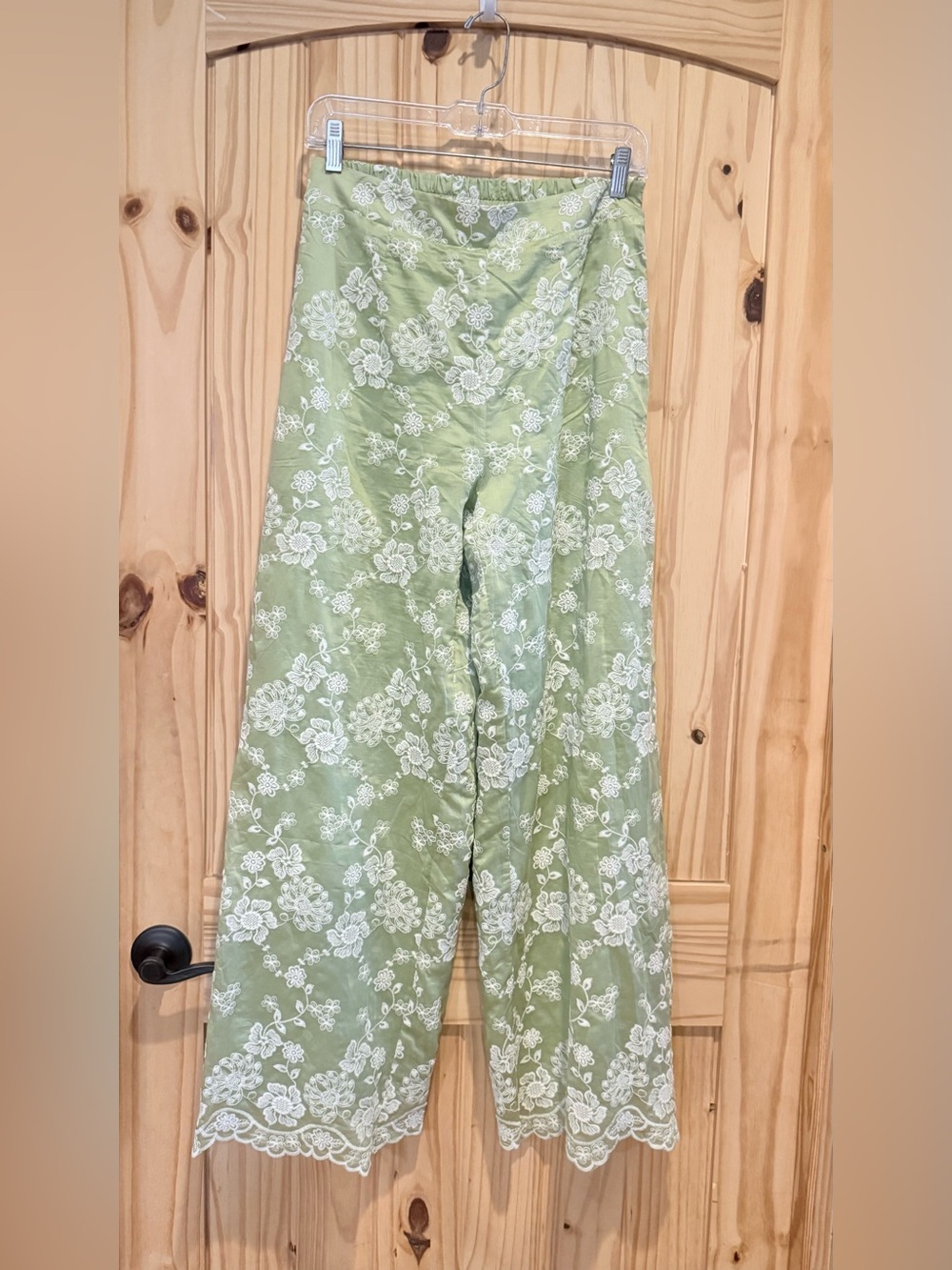 Wide Leg Green Floral Lace-Trim Pants